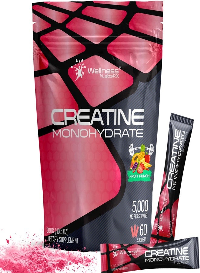 WELLNESS LABSRX Creatine Monohydrate Powder Sachets 300g – Fruit Punch Flavor Micronized Creatine Powder Supplement, Creatine for Women and Men, Supports Strength, Energy, Performance - 60 Servings - Image 1