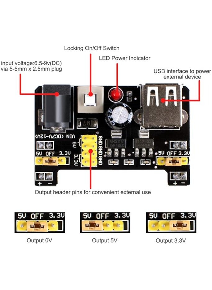 Electronic components fun kit, includes power module, jumper wires, 830 tie-point breadboard, precision potentiometer, resistors, LEDs, compatible with Arduino, Raspberry Pi, STM32 - Image 3