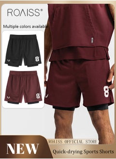 roaiss Men Functional Sports Fitness Pants Double Layer Skin Friendly Fabric Breathable Wear Resistant Quick Drying Material Training Pants Lined with Pockets  - Image 2