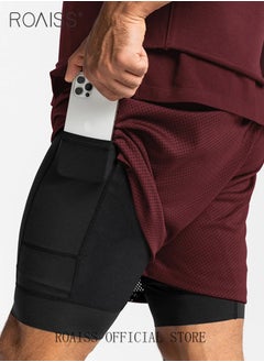 roaiss Men Functional Sports Fitness Pants Double Layer Skin Friendly Fabric Breathable Wear Resistant Quick Drying Material Training Pants Lined with Pockets  - Image 1