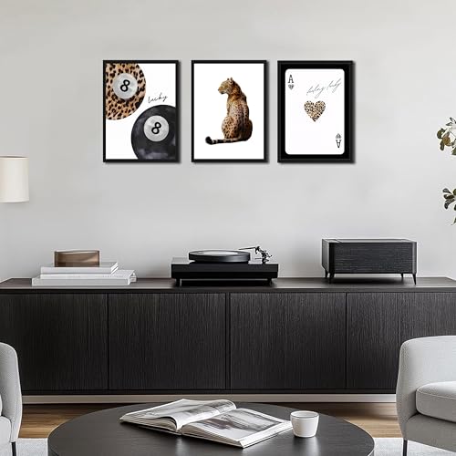 Tmvosn Framed Trendy Leopard Wall Art Set of 3, Funky Preppy Cheetah Wall Decor Paintings, Fashion Lucky 8 Posters Prints Pictures for Living Room Bedroom Dorm 12x16 Inch Black Wood Frame - Image 2