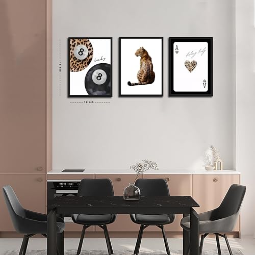 Tmvosn Framed Trendy Leopard Wall Art Set of 3, Funky Preppy Cheetah Wall Decor Paintings, Fashion Lucky 8 Posters Prints Pictures for Living Room Bedroom Dorm 12x16 Inch Black Wood Frame - Image 3