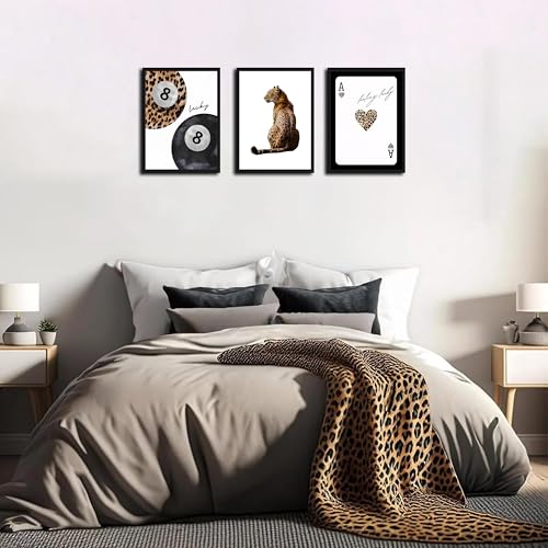Tmvosn Framed Trendy Leopard Wall Art Set of 3, Funky Preppy Cheetah Wall Decor Paintings, Fashion Lucky 8 Posters Prints Pictures for Living Room Bedroom Dorm 12x16 Inch Black Wood Frame - Image 5