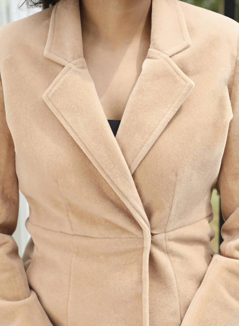 Campus Sutra Women's Beige Solid Single-Breasted Blazer