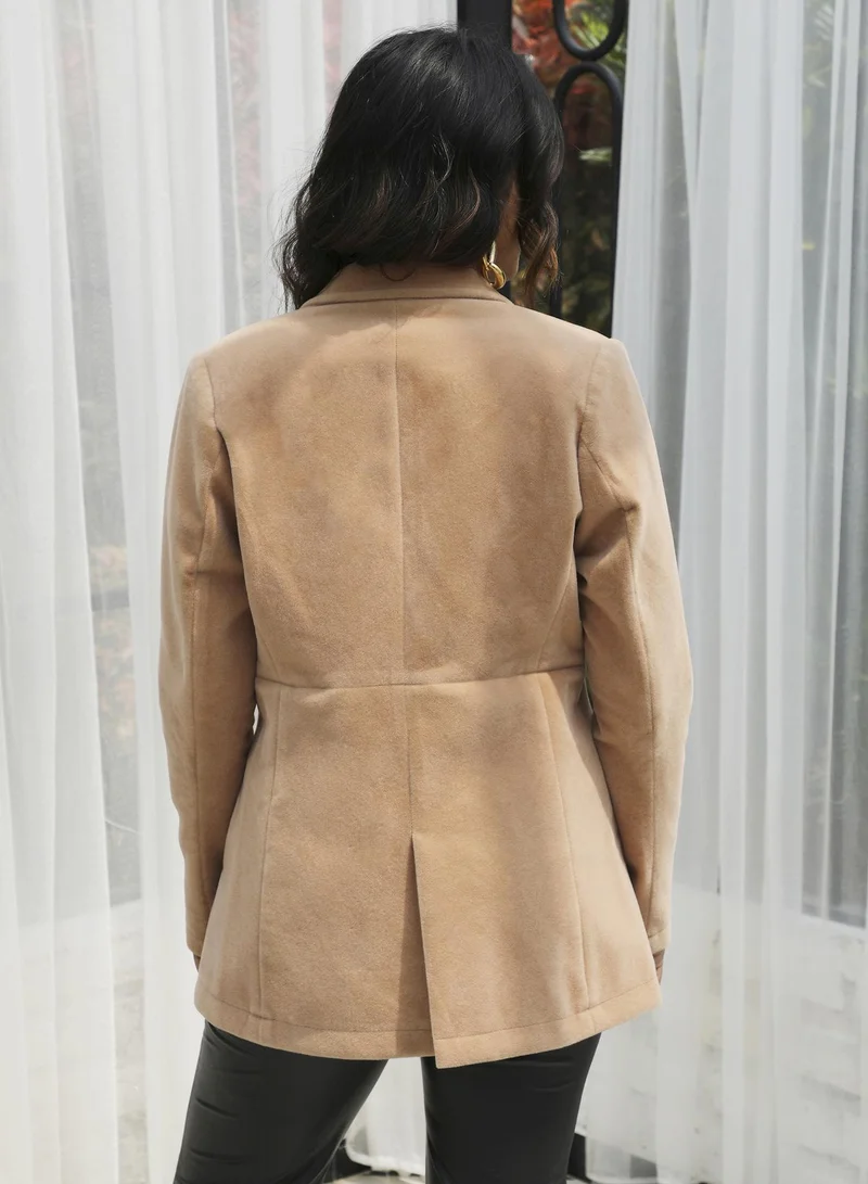 Campus Sutra Women's Beige Solid Single-Breasted Blazer