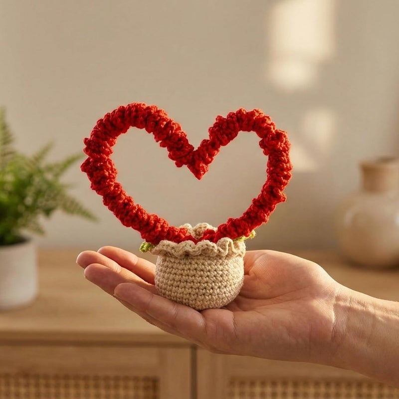 Dekorly Handmade Crochet Heart Shape with Pot Artificial Love Decor for Home Office Desk Table Shelf Romantic Valentine Gift for Girlfriend 6 Inches (Crochet Heart) - Image 2