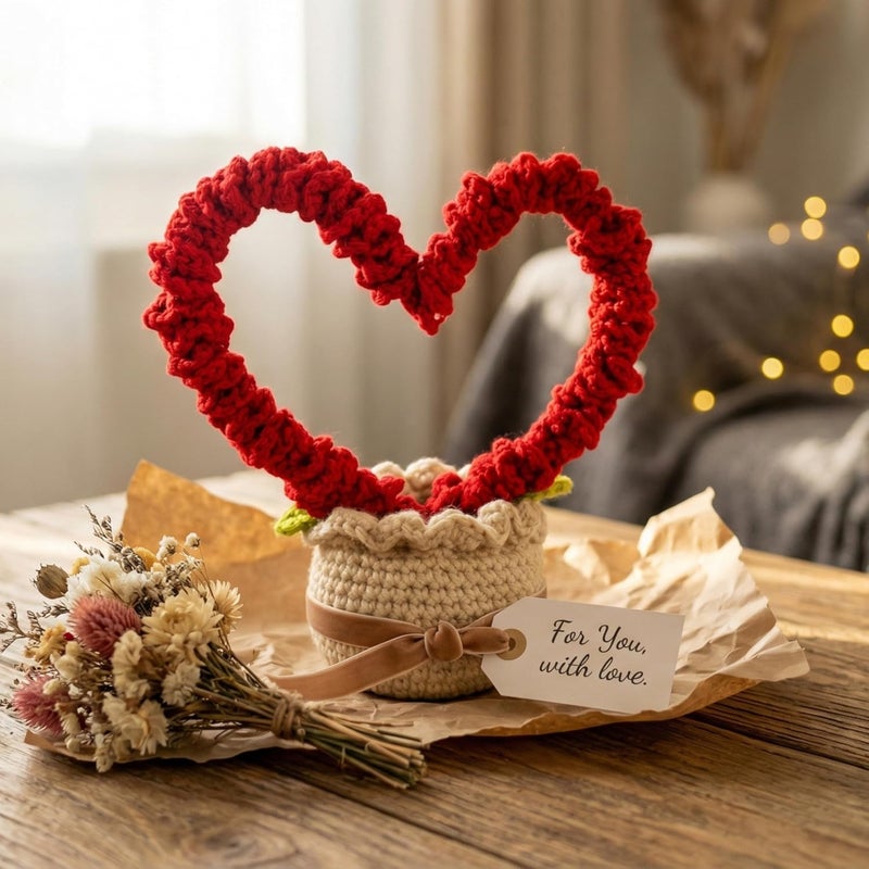 Dekorly Handmade Crochet Heart Shape with Pot Artificial Love Decor for Home Office Desk Table Shelf Romantic Valentine Gift for Girlfriend 6 Inches (Crochet Heart) - Image 4