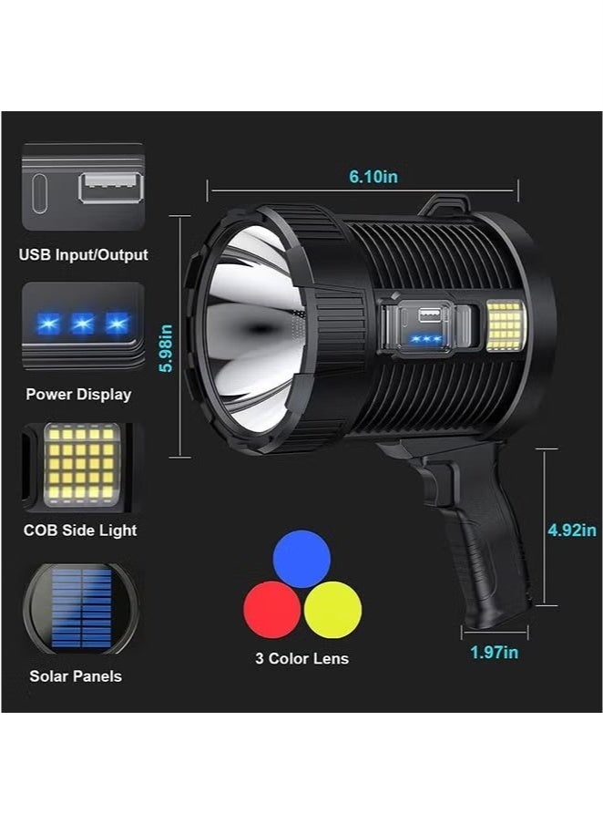 Beauenty Rechargeable Spotlight, 100000 Lumens Led Spot Lights Handheld Large Flashlight Super Bright Outdoor Solar Spotlights Searchlight with Cob Light, 6 Modes, IPX5 Waterproof - Image 3