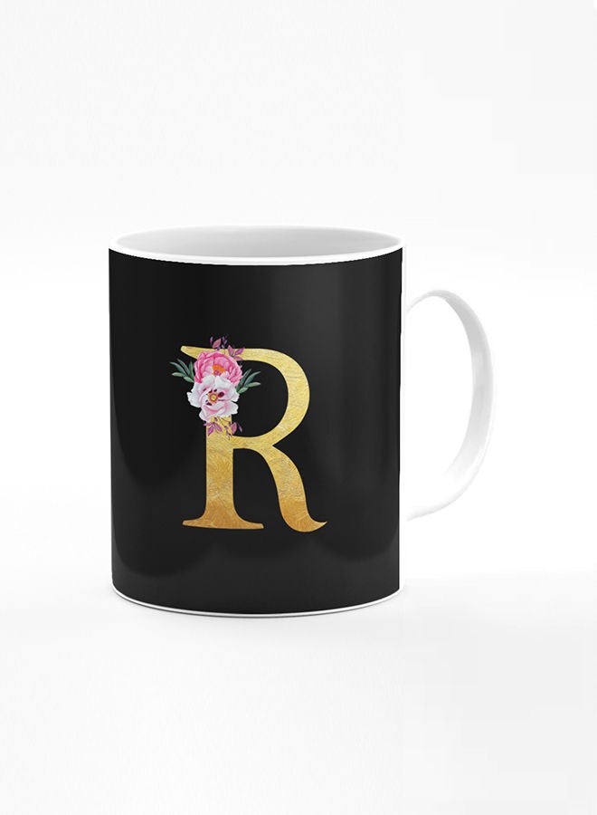 Stylizedd Designer Printed Coffee Mug 11oz Ceramic Personalised Gift Mugs Cup -Custom Monogram Initial Letter Floral Pattern Alphabet - R (Black) - Image 1
