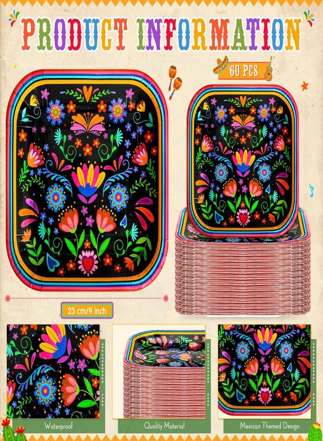 FillTouch أطباق ورقية مكسيكية ملونة 60 قطعة بحجم 9 إنش مربعة من فييستا للأكل القابل للتصرف لتزيين عيد الاستقلال المكسيكي لاحتفالات يوم الموتى وحفلات تاكو الثلاثاء (زهرة الماندالا) - Image 3