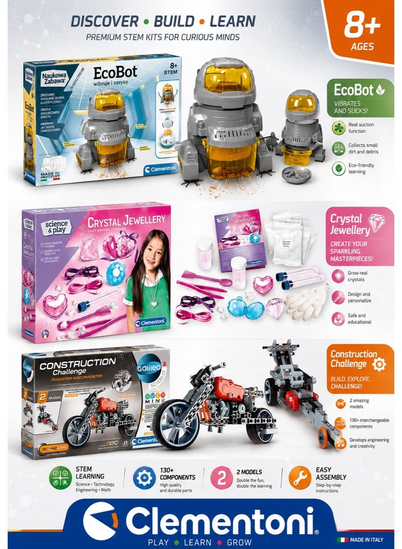 Clementoni Kids Creative & Educational Play Set – Smart Robot, Jewelry Kit, Roadster & Dragster Bikes - Image 1