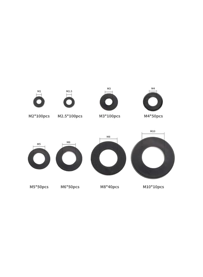 Generic 500 Pcs Premium Nylon Flat Washer Assortment Set | Color Black | Durable Black Plastic Washers for Screws and Bolts | Metric Spacer Gasket Kit in 8 M2 M2.5 M3 M4 M5 M6 M8 M10 - Image 3
