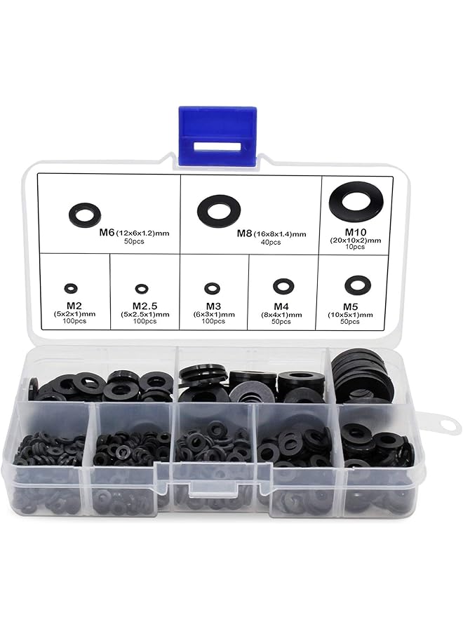 Generic 500 Pcs Premium Nylon Flat Washer Assortment Set | Color Black | Durable Black Plastic Washers for Screws and Bolts | Metric Spacer Gasket Kit in 8 M2 M2.5 M3 M4 M5 M6 M8 M10 - Image 1