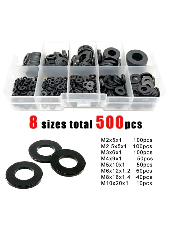 Generic 500 Pcs Premium Nylon Flat Washer Assortment Set | Color Black | Durable Black Plastic Washers for Screws and Bolts | Metric Spacer Gasket Kit in 8 M2 M2.5 M3 M4 M5 M6 M8 M10 - Image 2