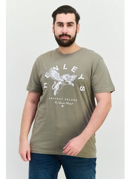 Men Round Neck Short Sleeves Brand Logo T-Shirt, Dusty Olive