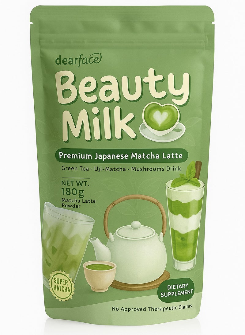 Dear Face Beauty Milk – Japanese Matcha Latte with Glutathione & Antioxidants – Skin Glow & Detox Drink – 10 Sachets x 18g – 180g