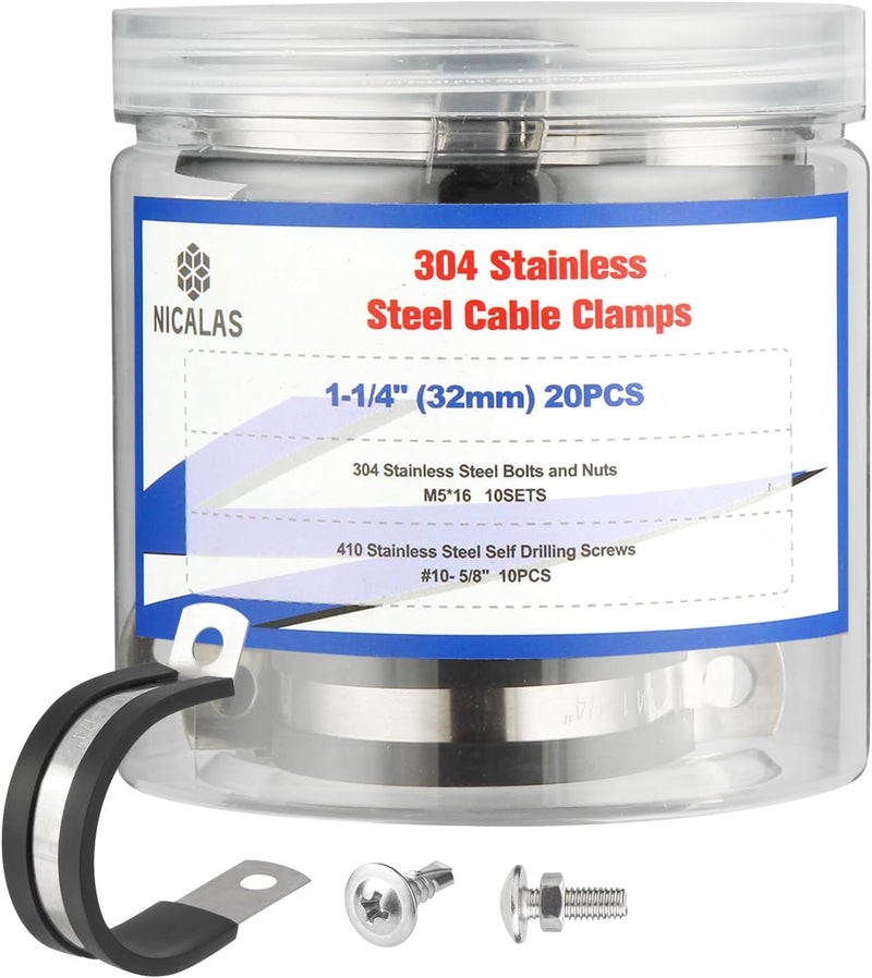 Nicalas 50pcs 1-1/4 Inch Stainless Steel Cable Clamps And Stainless Screws,Rubber Coated Cushioned Insulated Cable Clamp,Automotive Cable Wire Clamps,Pipe Clamps - Image 1