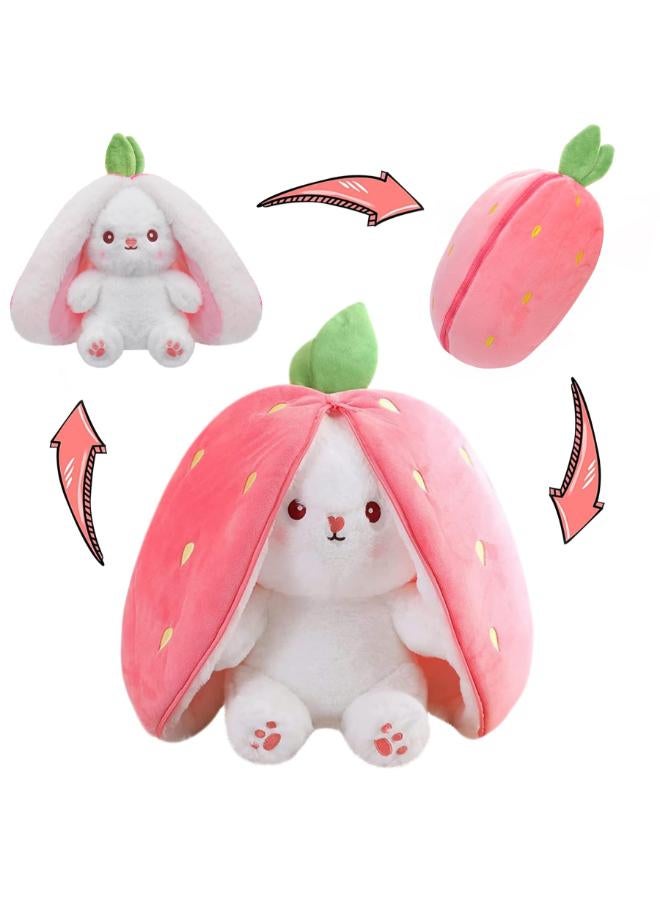 MIAODAM Bunny Stuffed Animal Reversible Cuddle Bunny Stuffed,Strawberry Bunny Transformed Rabbit Plush Zipper,Carrot That Turns Into Ears Bunnies Plushies Toy Cute Stuffy Doll Easter Girlfriend Gift
