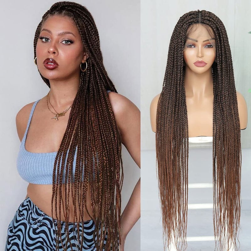 SOKU Ombre Brown Box Braid Wig 32 Inch Double Full Transparent Lace Pre Plucked with Baby Hair Knotless Square Braided Lace Wigs for Women