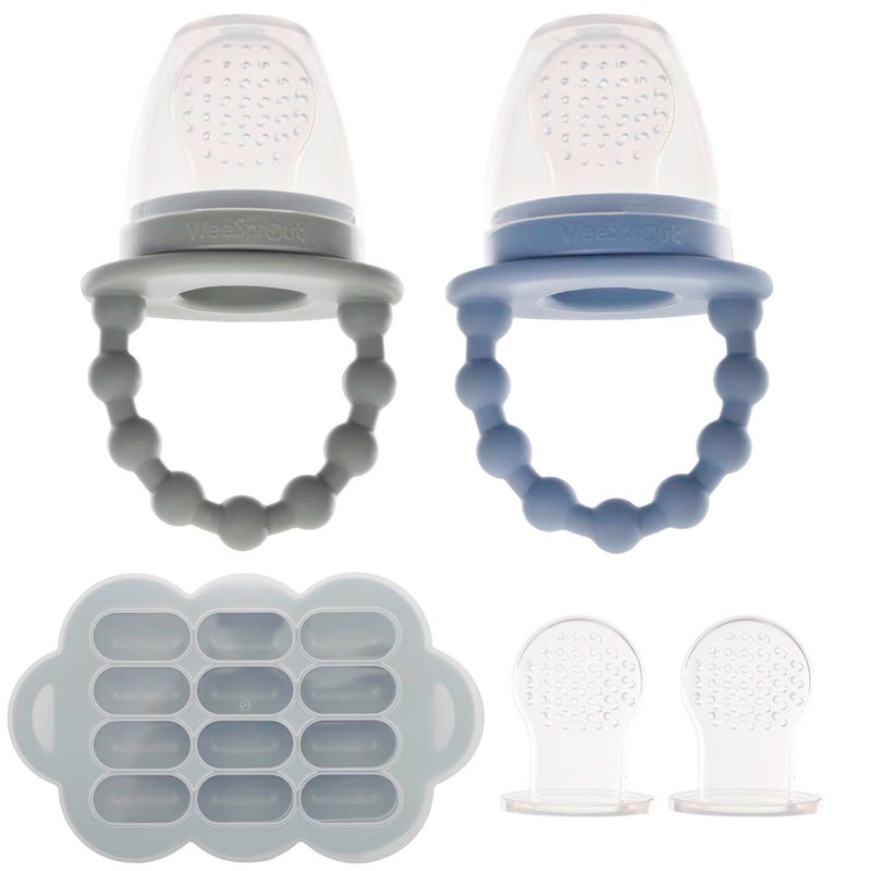 WeeSprout Silicone Baby Food Feeders + Freezer Tray for Batch Prep, Set of 2, Introduce New Foods Safely, Double as Teething Toys, Includes 2 Extra Pouches & Travel Lids, Dishwasher Safe - Image 1