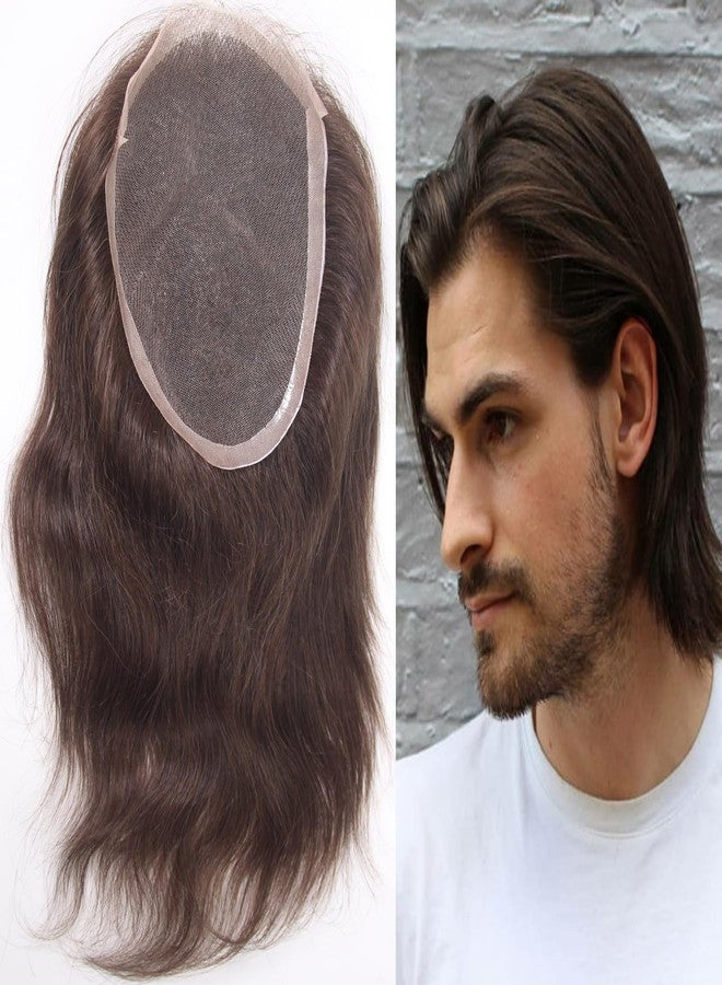 Voloria Swiss Lace Front with PU Men's Toupee Man Hairpieces Human Hair Replacement System for Men 4.5x7inch 10inches Long Hair 3# Dark Brown Color - Image 1