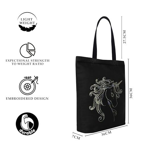 MASQ By Q-One Canvas Unicorn Embroidered Utility Tote Bags For Women With Zip, College Bag For Girls, 100% Organic Cotton Tote Bag For Traveling & Daily Use - Image 3