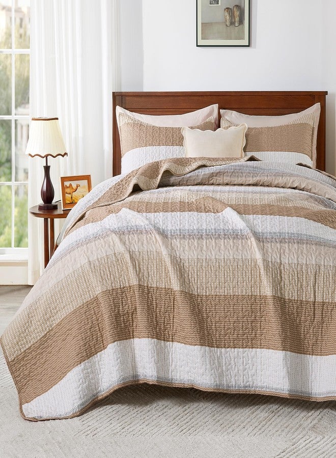 Andency Taupe Striped Quilt King(106x96Inch), 3 Pieces (1 Quilt and 2 Pillowcases) Patchwork Bedspread Coverlet Set, Soft Microfiber Quilted Bedding Set - Image 1