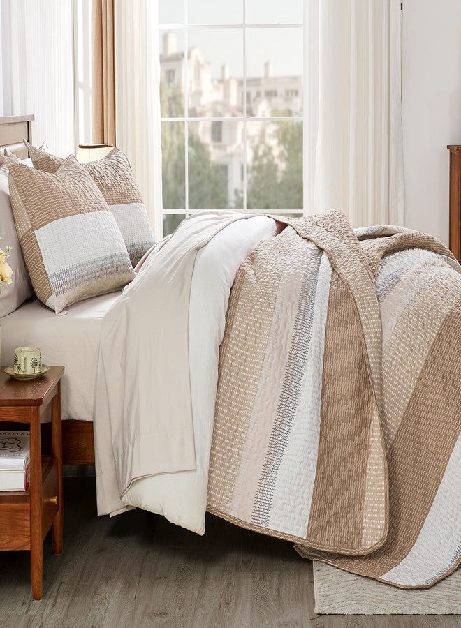 Andency Taupe Striped Quilt King(106x96Inch), 3 Pieces (1 Quilt and 2 Pillowcases) Patchwork Bedspread Coverlet Set, Soft Microfiber Quilted Bedding Set - Image 2