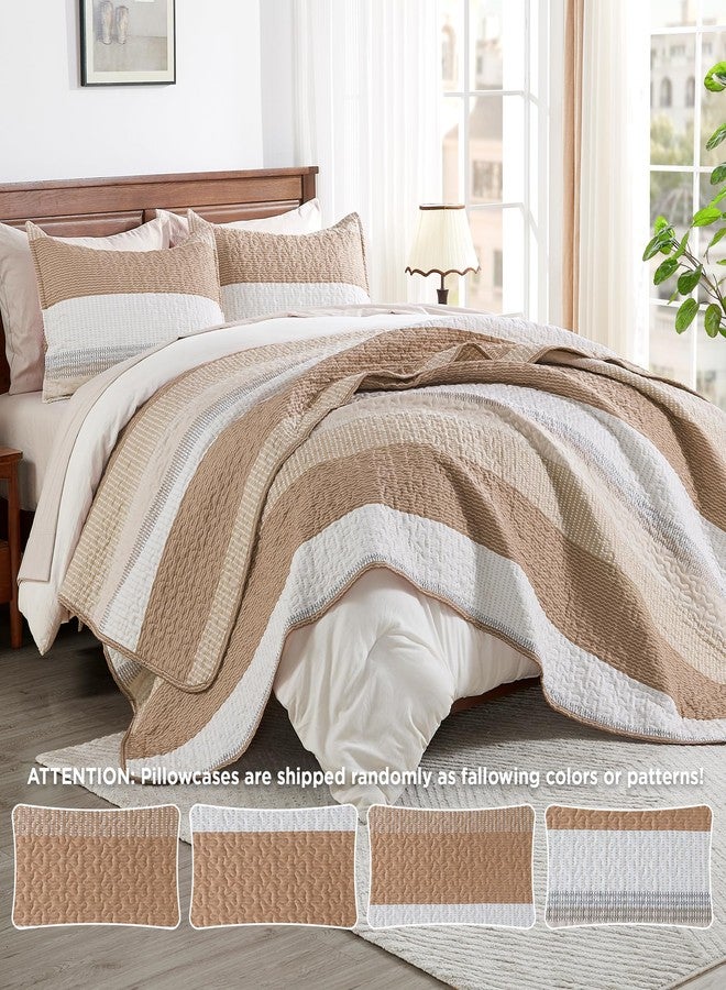 Andency Taupe Striped Quilt King(106x96Inch), 3 Pieces (1 Quilt and 2 Pillowcases) Patchwork Bedspread Coverlet Set, Soft Microfiber Quilted Bedding Set - Image 4