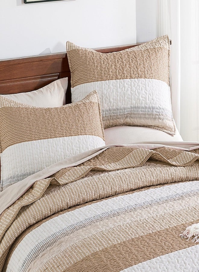Andency Taupe Striped Quilt King(106x96Inch), 3 Pieces (1 Quilt and 2 Pillowcases) Patchwork Bedspread Coverlet Set, Soft Microfiber Quilted Bedding Set - Image 3