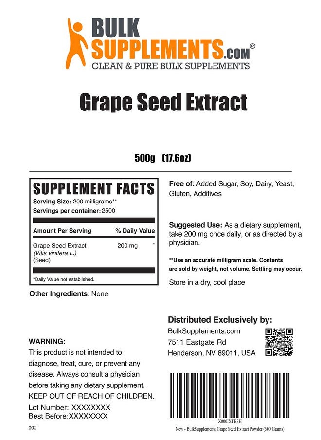 BulkSupplements - Grape Seed Extract Powder Herbal Supplements Antioxidants Supplement 200Mg Of Grapeseed Extract Powder Per Serving Gluten Free (500 Grams 1.1 Lbs) - Image 1