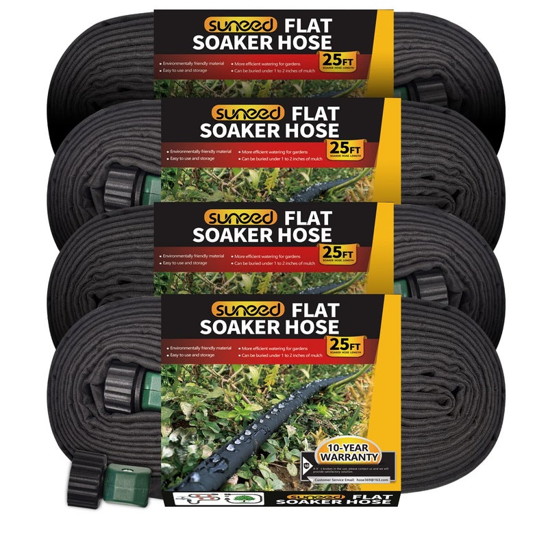 Suneed 4 Pack Flat Soaker Hose 25FT for Garden Beds, Lightweight Drip Soaker Hose 100 ft for Foundation Watering of Plants â€“ Garden Sprinkler Soaker Hoses with Heavy Duty & Easy to Install (25ftx4) - Image 1