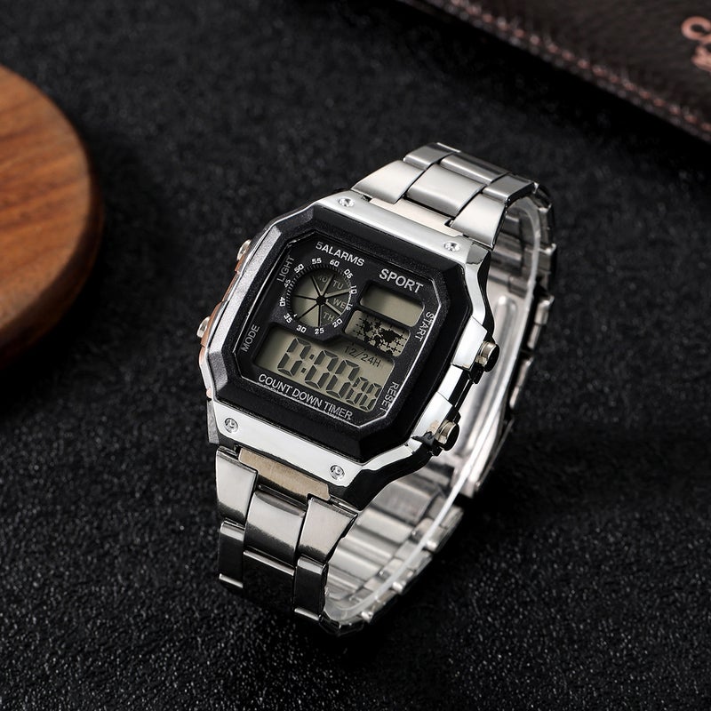 Fashion LED Mens Watch with Steel Band Silver 