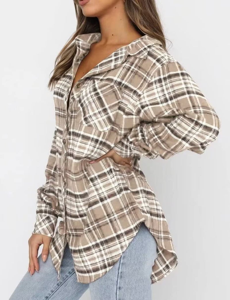 Lacozy Women's Casual Long Sleeve Flannel Shirt Buffalo Plaid Slim Fit Blouse Plus Size Tops Apricot Large - Image 4