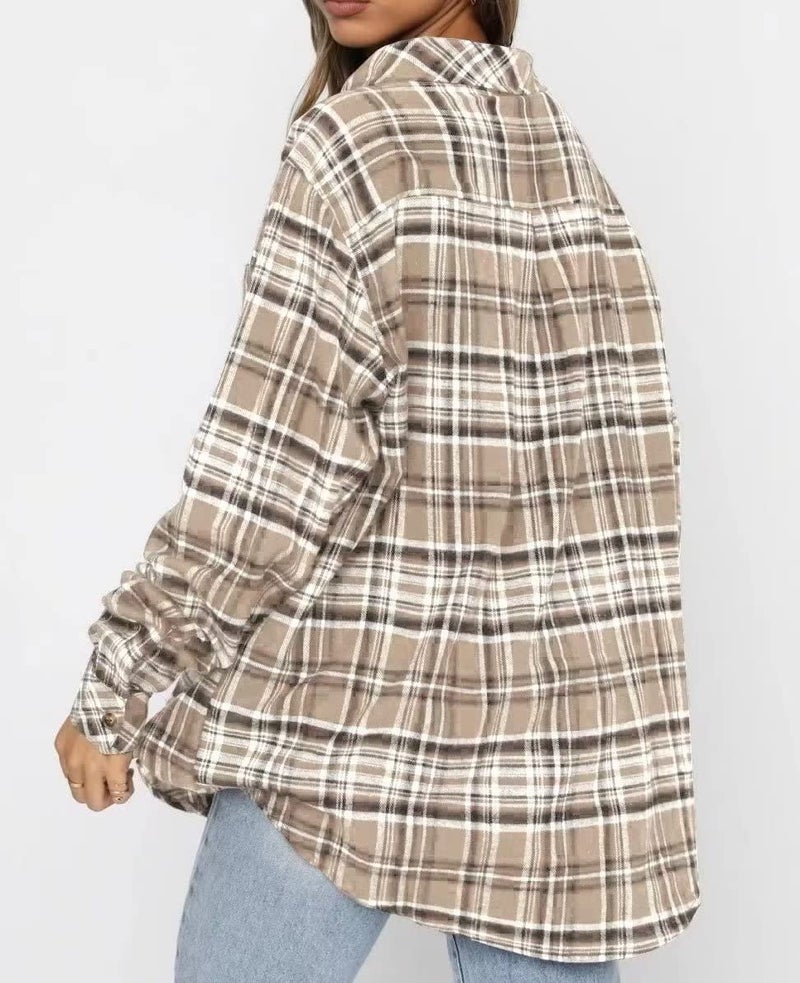 Lacozy Women's Casual Long Sleeve Flannel Shirt Buffalo Plaid Slim Fit Blouse Plus Size Tops Apricot Large - Image 3