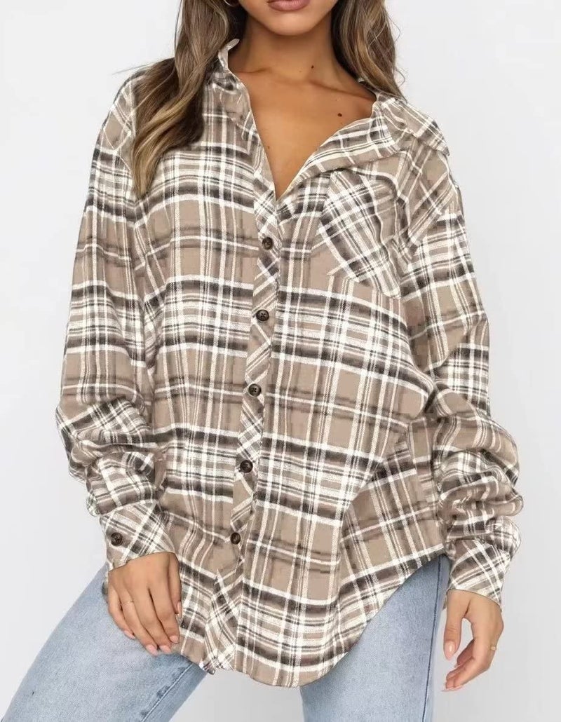 Lacozy Women's Casual Long Sleeve Flannel Shirt Buffalo Plaid Slim Fit Blouse Plus Size Tops Apricot Large - Image 2