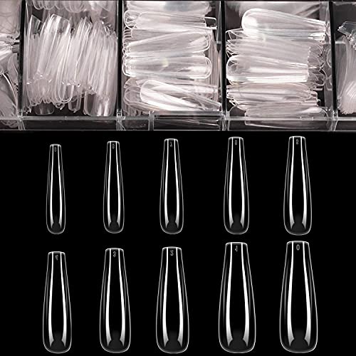 Long Fake Nails  Clear Acrylic Coffin Shaped Ballerina Nails Tips BTArtbox 500pcs Full Cover False Artificial Nails with Case for Salons and DIY Nail Art 10 Sizes