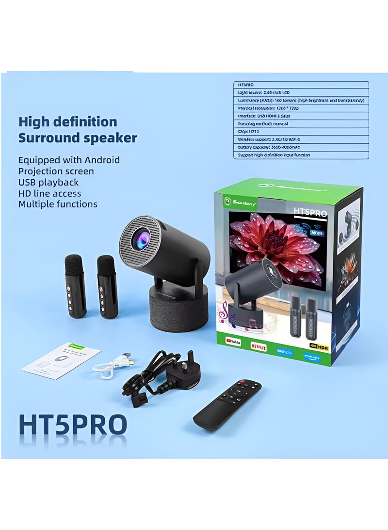 Smartbarry HT5 Pro Karaoke Portable Projector Support 4K 1080P Mini Projector with WiFi & Bluetooth Portable Premium Android 11 Projector, 180° Rotatable Stand, Dust Removal & Heat Dissipation Design for Home Theater, Office, Gaming and Business Black - Image 1