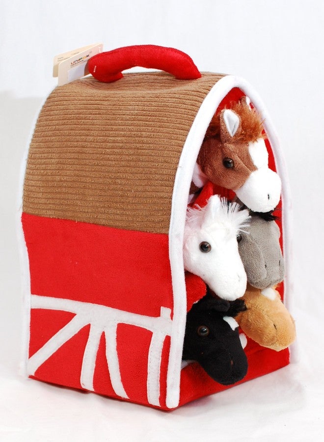 Unipak Plush Horse Barn with Horses - Five (5) Stuffed Animal Horses in Play Carrying Barn Case - Image 1