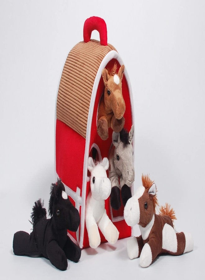 Unipak Plush Horse Barn with Horses - Five (5) Stuffed Animal Horses in Play Carrying Barn Case - Image 3
