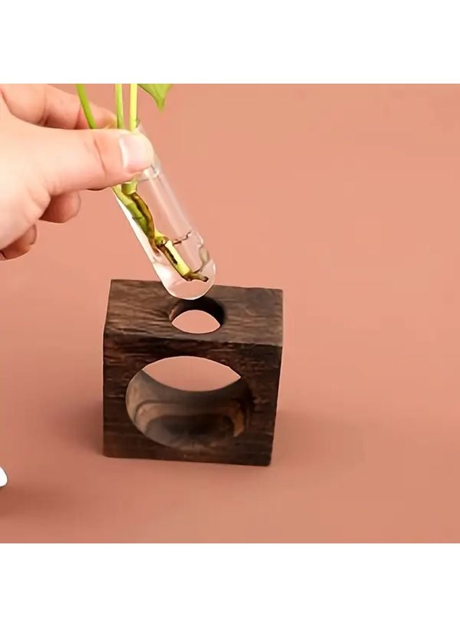 Hydroponic Rustic Walnut Wooden Frame Glass Vase Square Cutout Design For Home Office Decor - Image 5