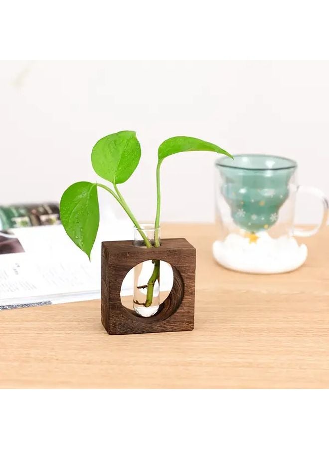 Hydroponic Rustic Walnut Wooden Frame Glass Vase Square Cutout Design For Home Office Decor - Image 2