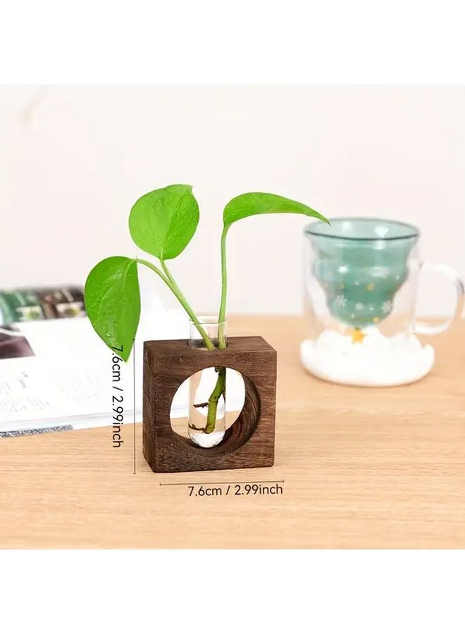 Hydroponic Rustic Walnut Wooden Frame Glass Vase Square Cutout Design For Home Office Decor - Image 4