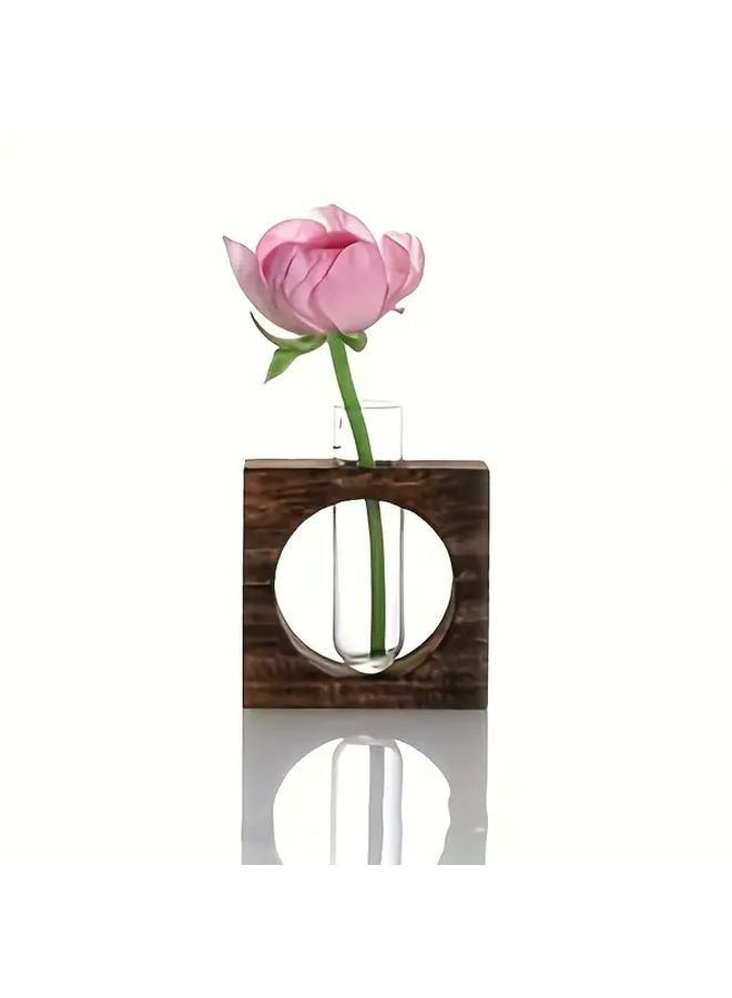 Hydroponic Rustic Walnut Wooden Frame Glass Vase Square Cutout Design For Home Office Decor - Image 3