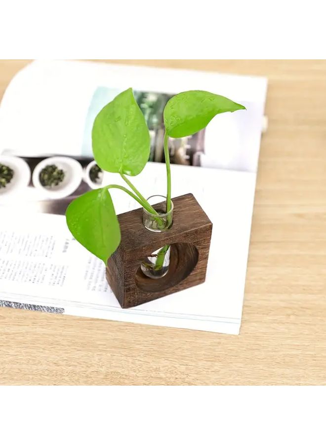 Hydroponic Rustic Walnut Wooden Frame Glass Vase Square Cutout Design For Home Office Decor - Image 1
