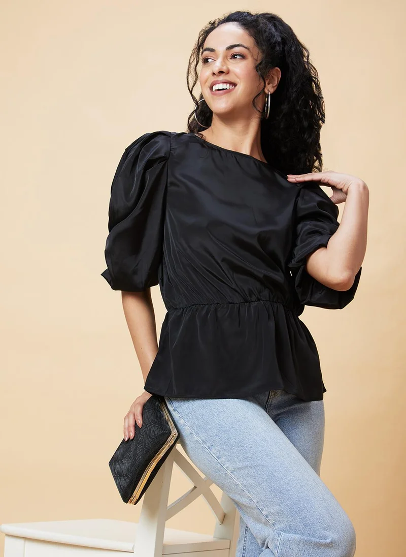 globus Globus Women Black Puff Sleeve Gathered Cinched Waist Top