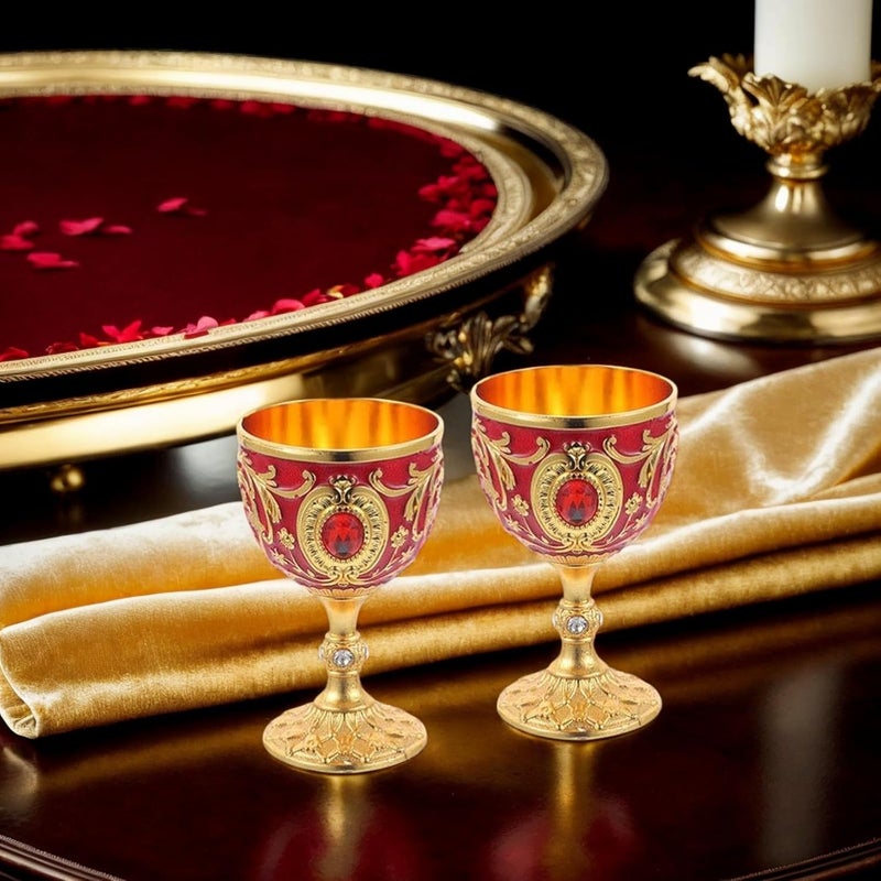 Wionin 2PC Gold Red Chalice Goblet Delicate Retro Wine Cup Medieval Goblet Alloy Medieval Cup Communion Cups Drinking Cup Party Favors Home Decor - Image 3