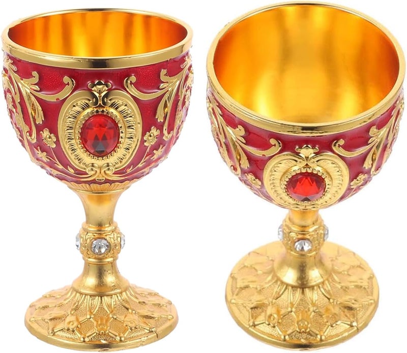 Wionin 2PC Gold Red Chalice Goblet Delicate Retro Wine Cup Medieval Goblet Alloy Medieval Cup Communion Cups Drinking Cup Party Favors Home Decor - Image 1