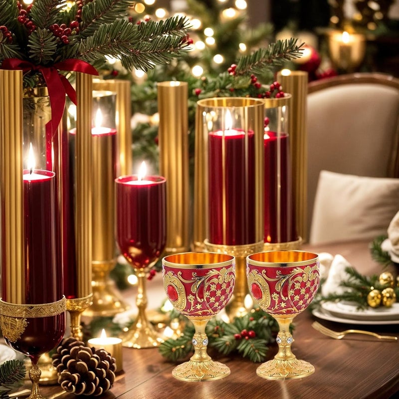 Wionin 2PC Gold Red Chalice Goblet Delicate Retro Wine Cup Medieval Goblet Alloy Medieval Cup Communion Cups Drinking Cup Party Favors Home Decor - Image 5
