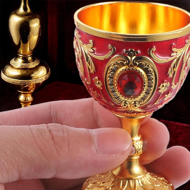 Wionin 2PC Gold Red Chalice Goblet Delicate Retro Wine Cup Medieval Goblet Alloy Medieval Cup Communion Cups Drinking Cup Party Favors Home Decor - Image 4